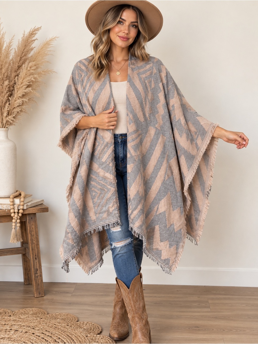Anna & Ava Southwestern Geometric Poncho Ruana One Size Boho Fringe